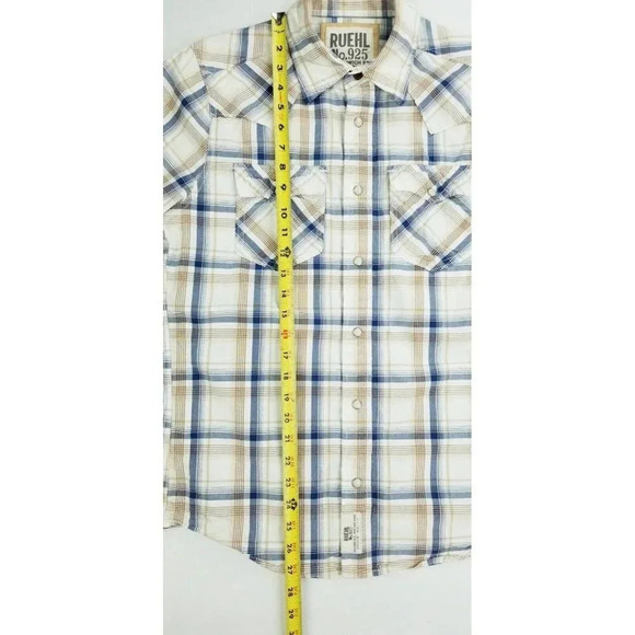 Ruehl No. 925 Size Medium Men's Vanilla Tan Gray Plaid Western Pearl Snap Shirt - Picture 9 of 10